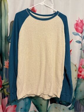 Roebuck & Co Mens Thermal Shirt XL Raglan Cream Blue Waffle Knit